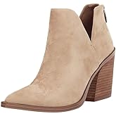 Kathemoi Womens Slip on Ankle Boots V Cutout Pointed Toe Chunky Stacked Mid Heel Booties