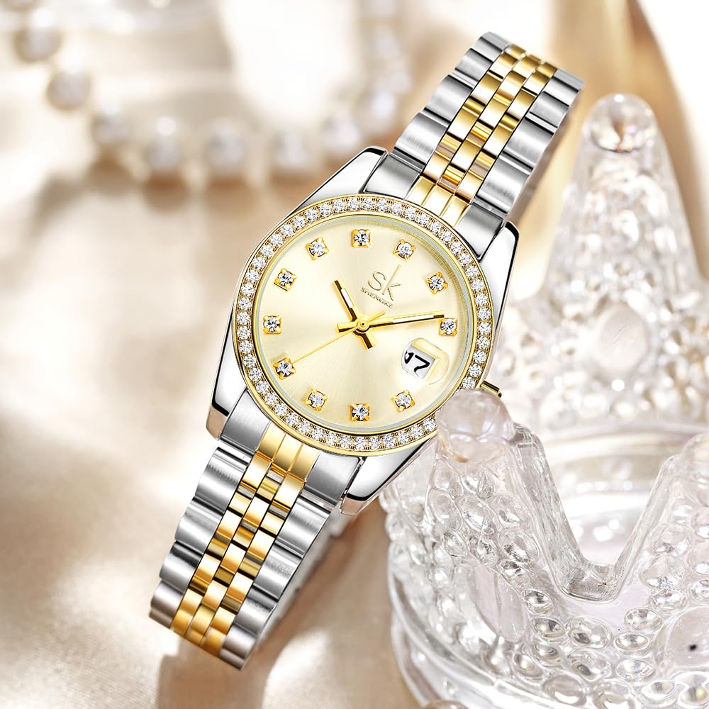 SHENGKE Women's Crystal Accented with Solid Alloy Steel Band Watch Elegant Dress Quartz Calendar Watches for Women