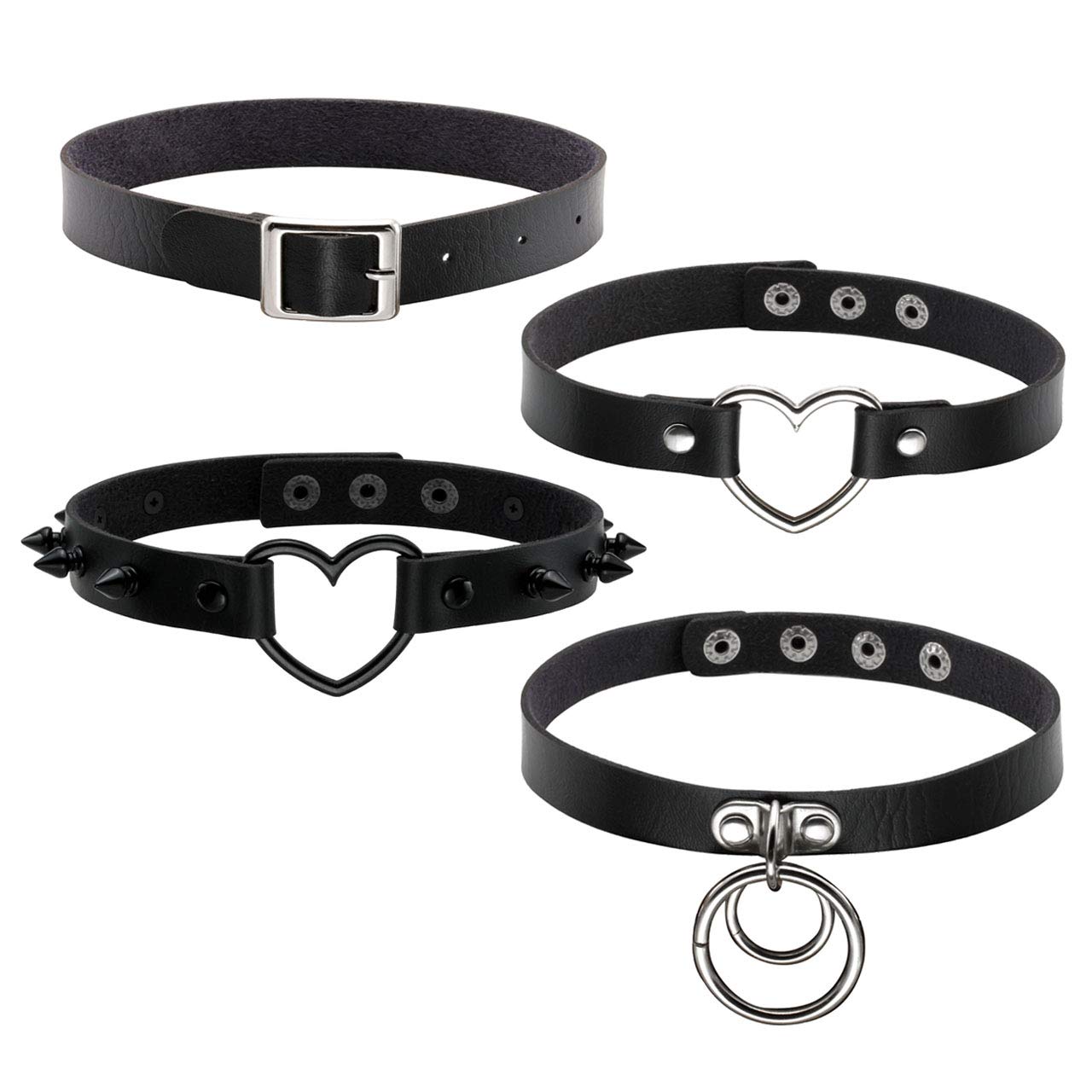 Manfnee Women's Punk Goth Choker Collar Necklace PU Leather Spike Studded Heart Circle Choker Set