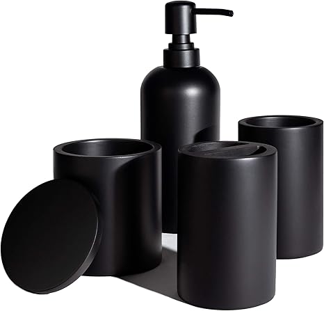Amazon Com Jo Lavie Bathroom Accessories Set 4 Pcs Complete Resin Bathroom Accessory Matte Black Modern Decor Vanity Organizer Lotion Soap Dispenser Apothecary Jar Toothbrush Holder Toothbrush Cup Kitchen Dining