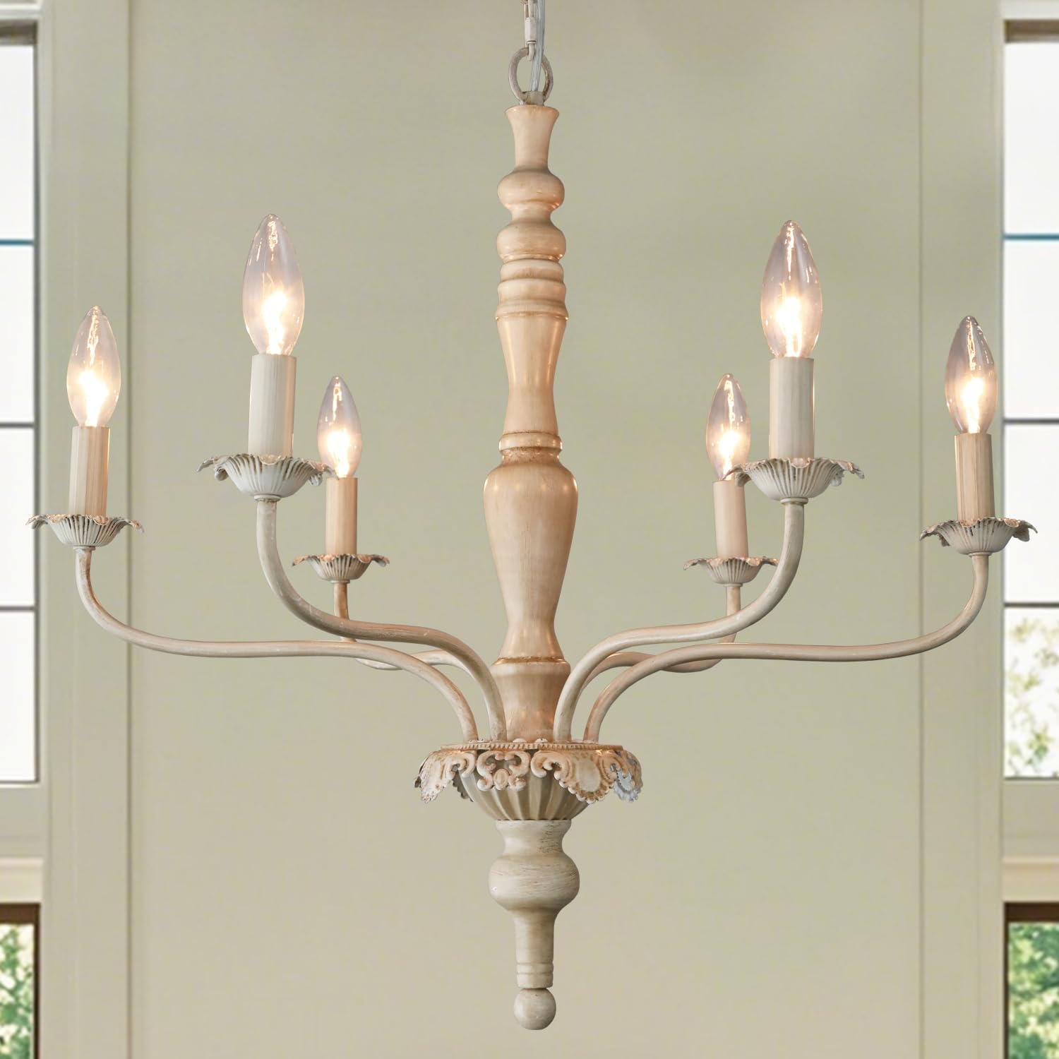 Photo 1 of Fminlla 6 Light Farmhouse French Country Chandelier Light Fixture Modern Candle Style Chandelier Distressed White Wood Chandeliers for Dining Room, Kitchen Island, Living Room,Bedroom, E12
