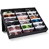 Juvale 18-Slot Sunglass Organizer & Sunglasses Case - Black 18.7 x 14.9 x 2.4 in - Eyeglass Holder & Glass Display Box for Desk & Vanity - Travel Storage Organizer & Watch Storage Box