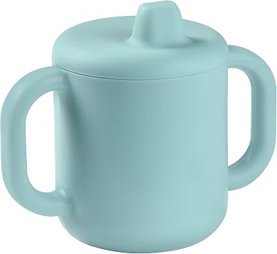 , Taza de aprendizaje para bebé, función biberón/taza, 100% silicona de calidad, asas anchas, fácil de agarrar, ergonómica, boquilla flexible, azul