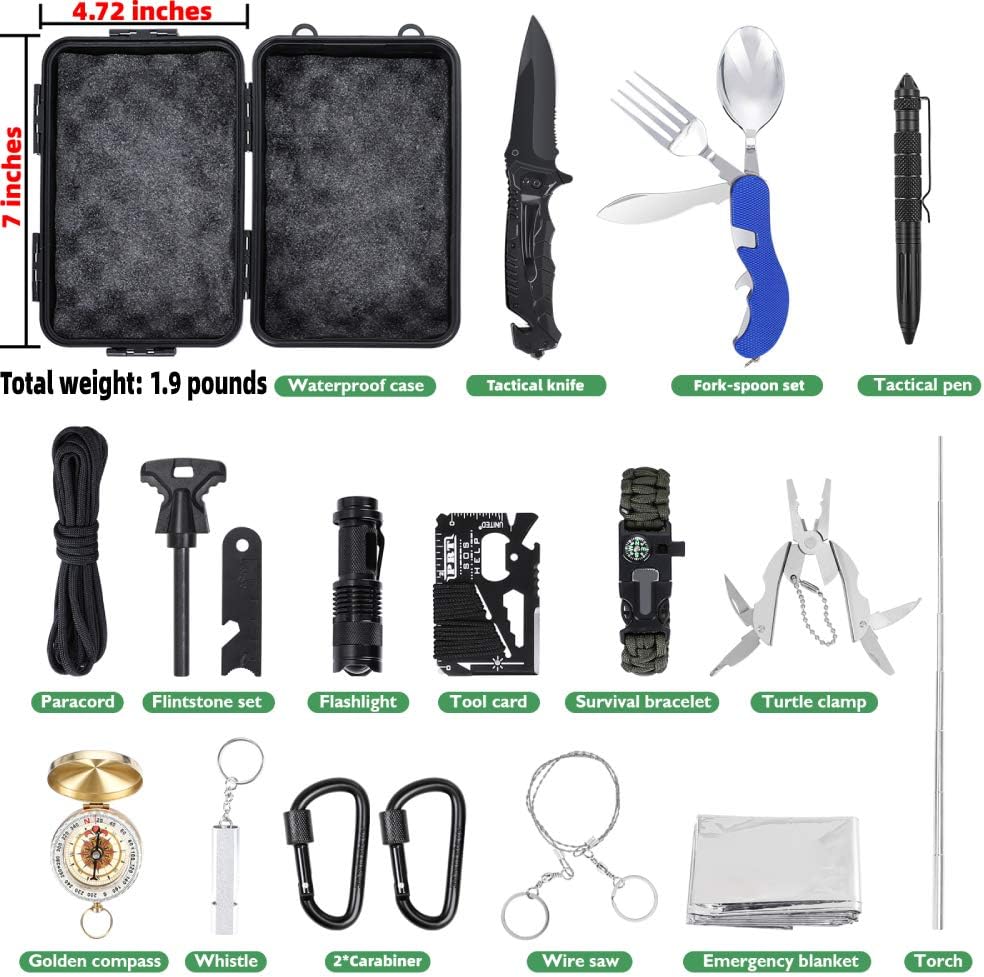 Tolaccea Survival Gear Essential 17 in 1 Camping Survival Kits Professional Tactical Equitment Emergency Survival Tools with Knife Compass Blanket for Adventure Outdoors: Sports & Outdoors