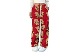 Cute Pj Pants for Women Warm Plush Pajamas Bottoms Drawstring Bear Print Fuzzy Fleece Lounge Trousers Furry Sleepwear