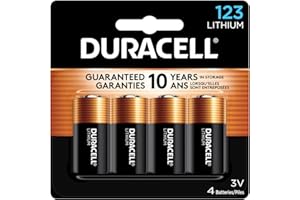 Duracell CR123A 3V Lithium Battery, 4 Count Pack, 123 3 Volt High Power Lithium Battery, Long-Lasting for Home Safety and Security Devices, High-Intensity Flashlights, and Home Automation