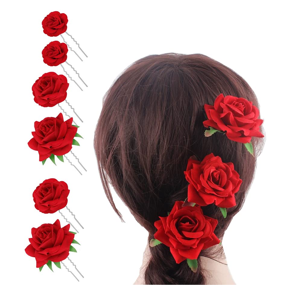 6PCS Women Red Rose Flower Hairpins Hair Fork Clips U Shaped Bridal Head Bobby Pins Sticks Floral Clips Mexican Hair Rose Barrettes for Lady Girls Wedding Party Dance (Small, Medium, Large)