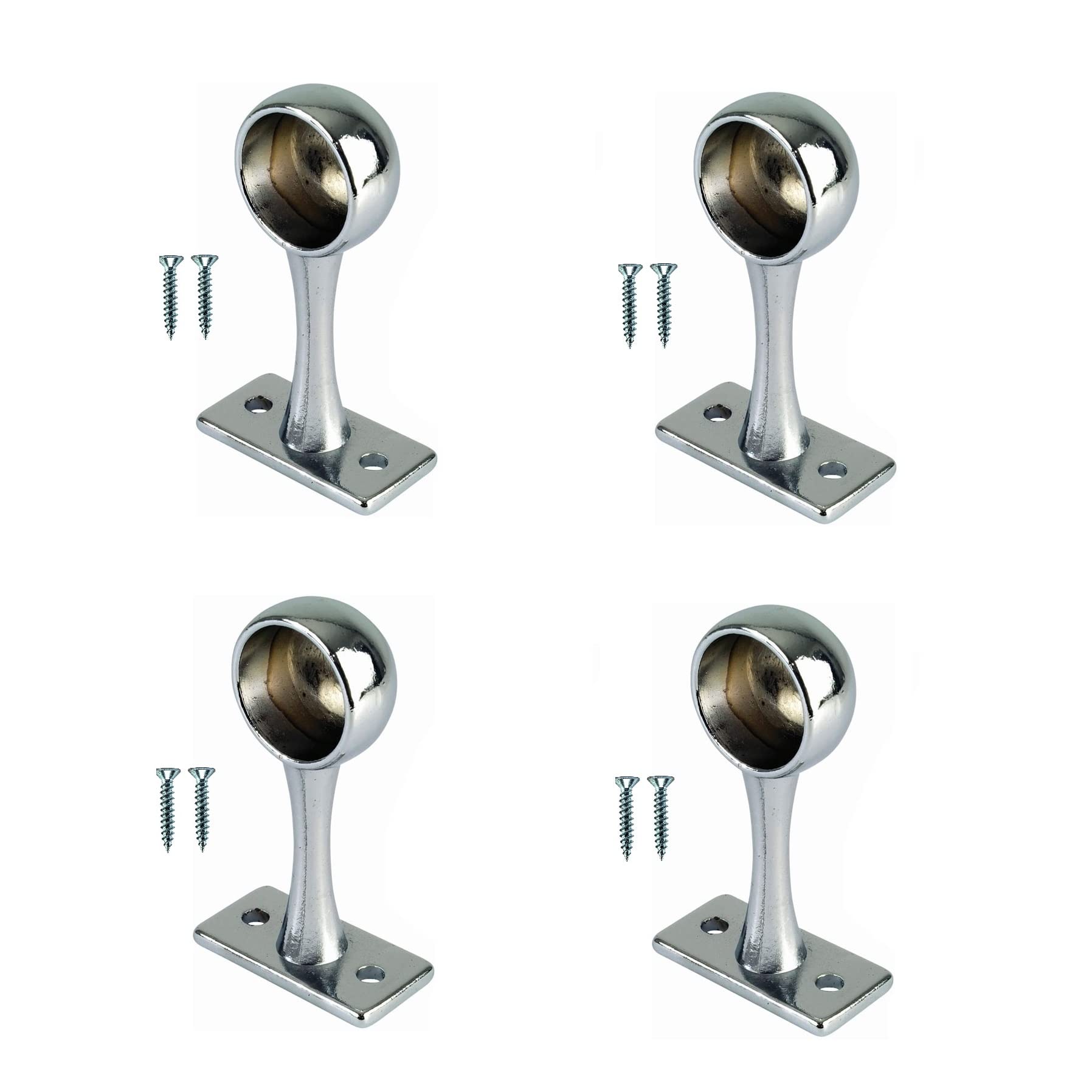 TERF® Polished Chrome Curtain Pole End Bracket for Up to 25mm Diameter Curtain Rail Ceiling and Wall Mount Rod Holder Wardrobe Shower Curtain Closet Lever Rail End Support with Fixing - Pack of 4