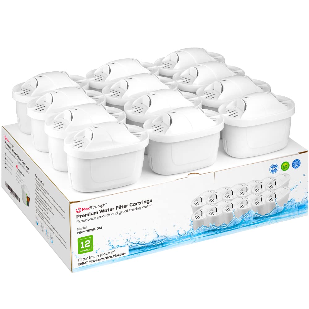 Max Strength Pro Water Filter Cartridges 12pc, Fits Brita Maxtra® & XL Jugs, 12 Month Supply, BPA Free, Also For Mavea Maxtra, Elemaris, Marella, Aluna Cool, Fjord Cool Plus