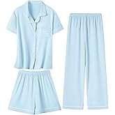 Umeyda Girls Pajamas Set Soft Short Sleeve Button-Down Sleepwea Nightwear 3Pjs Set Loungewear, 5-14 Years