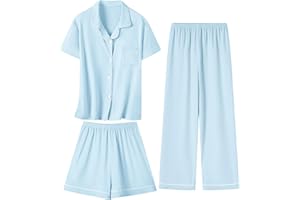 Umeyda Girls Pajamas Set Soft Short Sleeve Button-Down Sleepwea Nightwear 3Pjs Set Loungewear, 5-14 Years