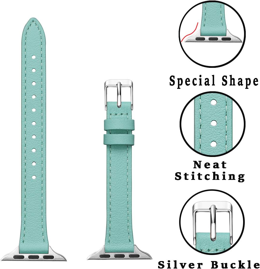 SUNFWR Compatible with Apple Watch Strap 38mm 40mm 41mm,Genuine Leather Strap Replacement,Slim&Thin Wristband for iwatch Series 7/6/5/4/3/2/1,SE(38mm 40mm 41mm,Tiffany blue&Silve) - Image 3