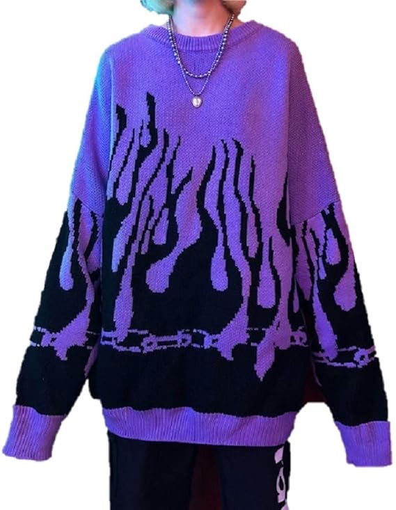 Amazon ニット セーター 炎 レッドorパープル ファイア Fire 火 韓国ファッション 焔 ヒップホップ オルチャン ゴシック V系 ヴィジュアル系 ロリータ 韓流 韓国 ビックシルエット ビッグシルエット かわいい お洒落 メンズ レディース クラブ セーター 通販