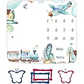 Airplane and Train Baby Monthly Milestone Blanket for Boy, Baby Blanket with Month Marker Frame, 48x40in, 1-12 Months Milestones, for Baby Showers and Newborn
