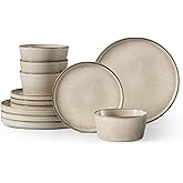 Herogo Stoneware Plates and Bowls Sets for 4, 12 Pieces Modern Dinnerware, Reactive Glaze Dishes Set for Kitchen, Chip Resistant, Microwave & Dishwasher Safe, Cream Khaki