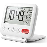 NOKLEAD Digital Travel Alarm Clock - 3.23 inch LCD Display, Temperature, 9-Minute Snooze, 10s Backlight, Battery Included (White)