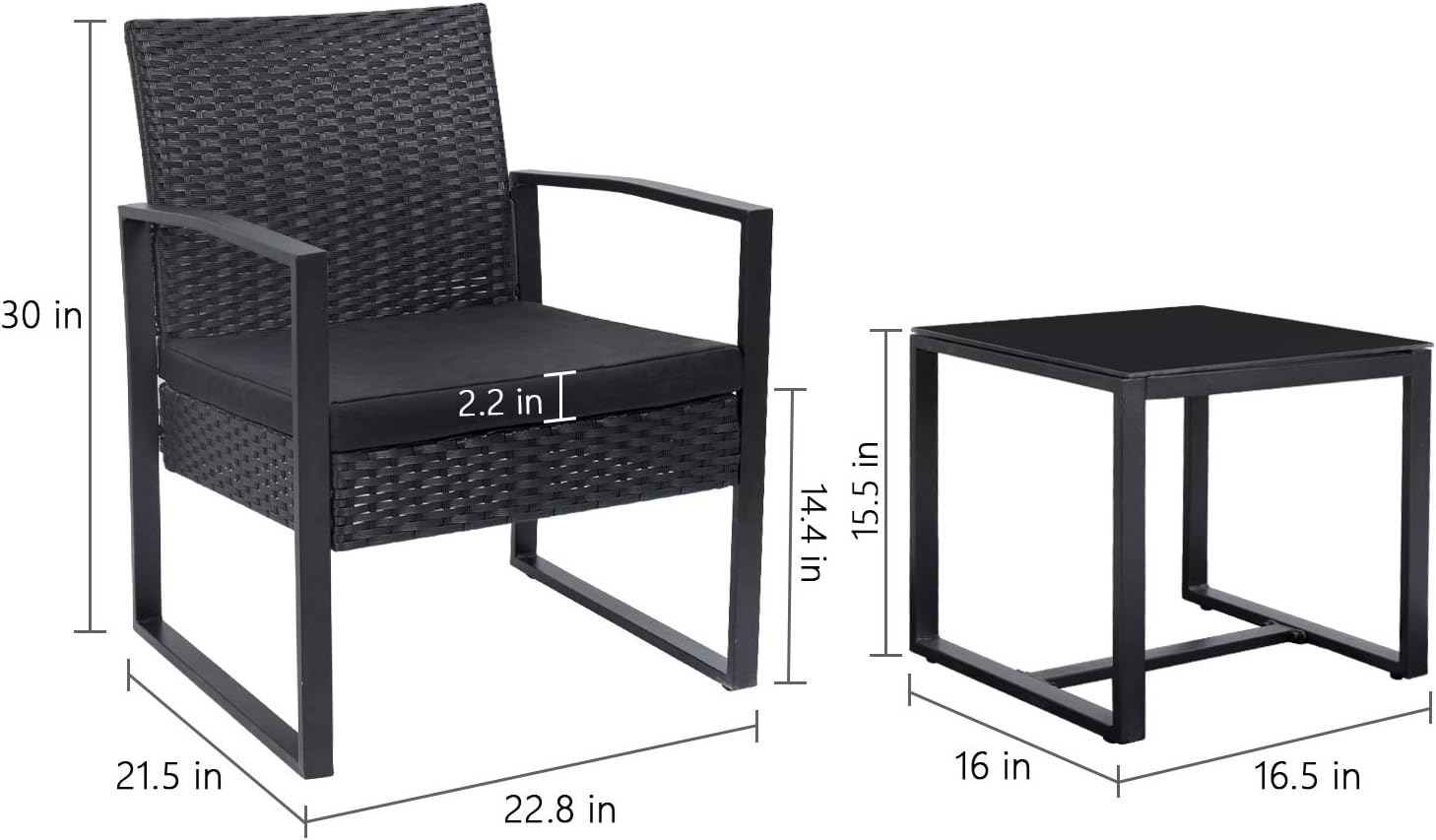 Flamaker 3 Pieces Patio Set Outdoor Wicker Patio Furniture Sets Modern Bistro Set Rattan Chair Conversation Sets with Coffee Table for Yard and Bistro (Black): Garden & Outdoor