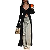 Unybwonn Long Cardigans for Women Crochet Hollow Out Knit Sweater Cover up Maxi Dress Long Sleeve Button Down Cardigan