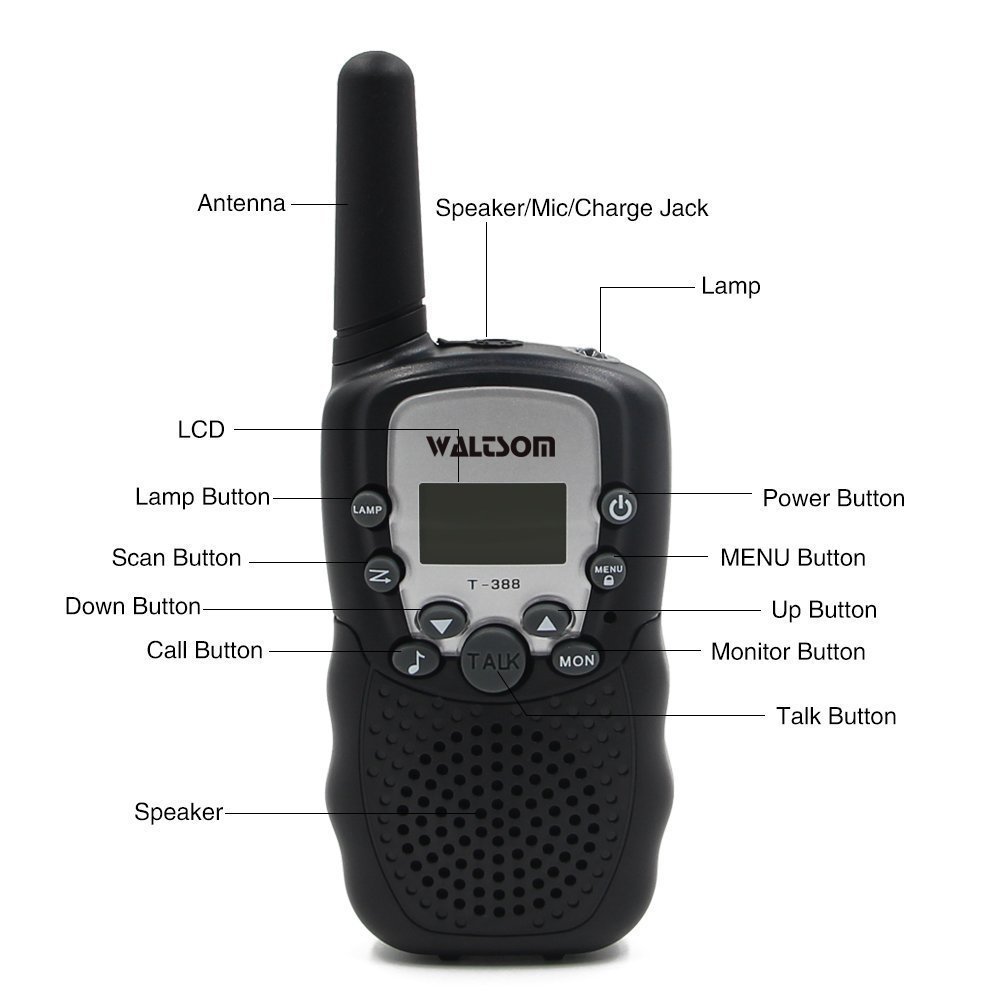 WALTSOM Kids Walkie Talkies, 2 Pack Portable T388 3KM Long Rang UHF Radio 22 FRS and GMRS Walky Talky for Camping/Summer Camp/Spring Outing Indoor Outdoor Activities, Best Gift for Child (Black)