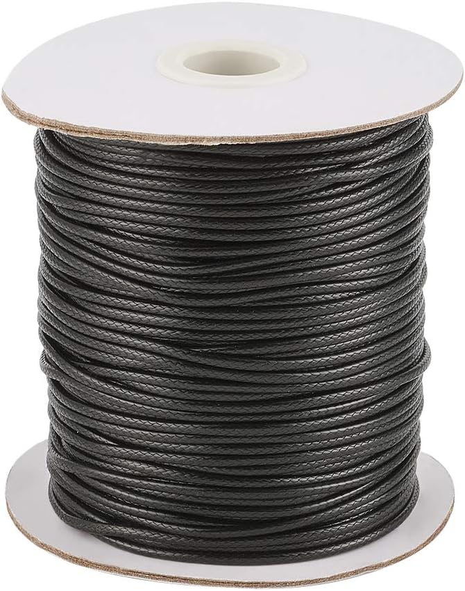 PandaHall 100 Yards/Roll 2mm Braided Waxed Polyester Cord String DIY Jewelry Craft Macramé Making Beading Thread Rope with Spool (Black)