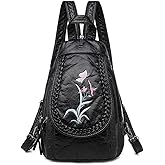 NIGEDU Vintage Embroidered Women Backpacks Soft PU Leather Backpack Purse Small Female Travel Bag Black Chest Packs (Orchid)