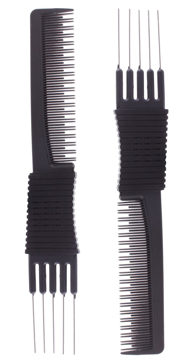 PERFEHAIR 2pcs Black Carbon Lift Teasing Combs with Metal Prong, Salon Teasing Lifting Fluffing Comb with 5 Stainless Steel Pins