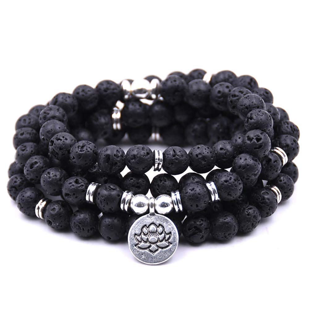 Self-Discovery 108 Natural Beads Mala Yoga Bracelet with Lotus Charm (Lava)