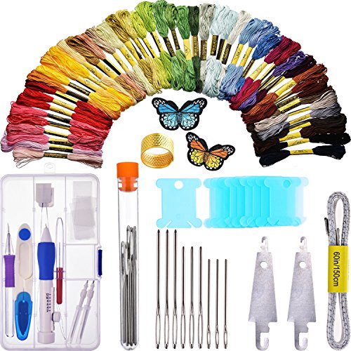 UPC 652508178950, Bememo Embroidery Stitching Punch Needle Kit Embroidery Pen with Storage Box and 50 Colored Cross Stitch Threads with Butterfly Embroidered Appliques and Other Applicable Tools