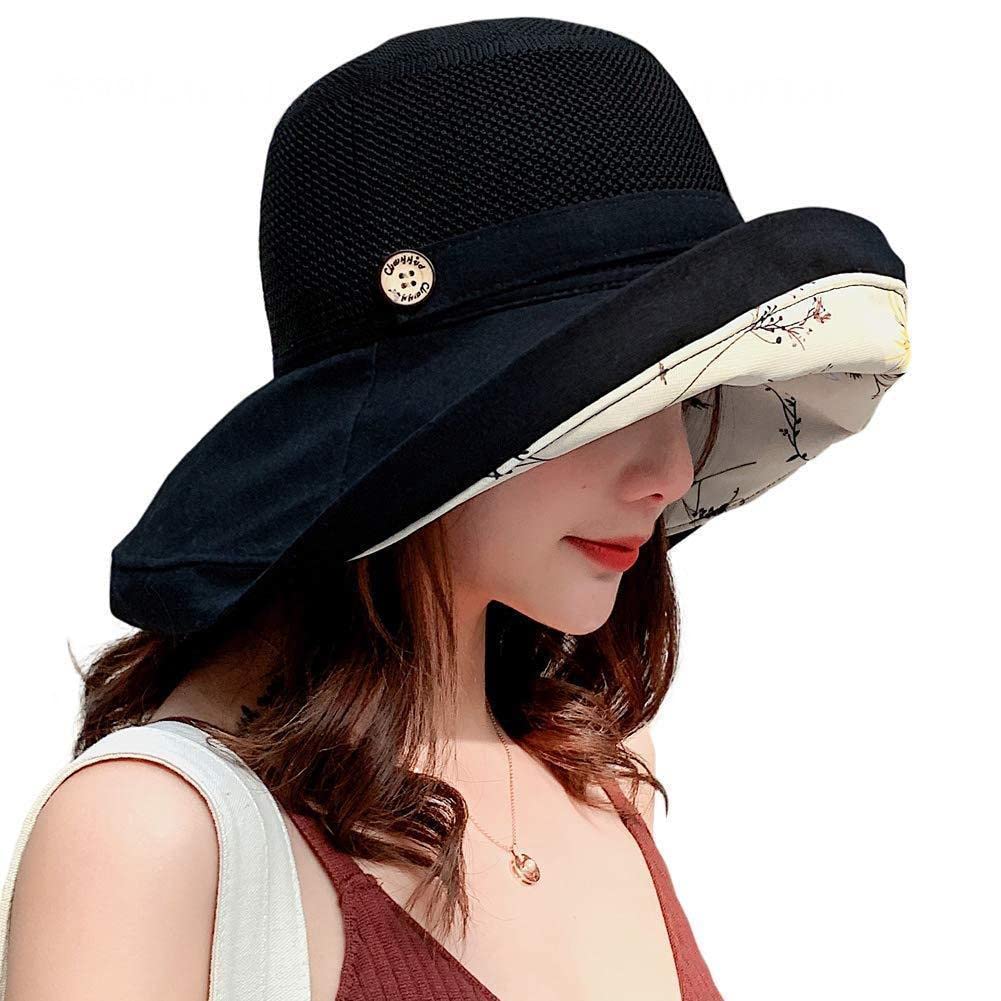 Photo 1 of Summer Mesh Sun Hats for Women UV Protection Wide Brim Packable Beach Bucket Hat Black