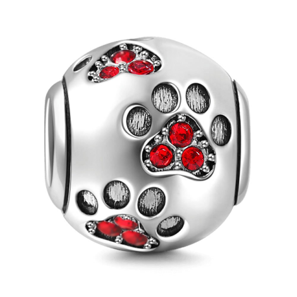 925 Sterling Silver Dog Paw Charm Footprint Charm Animal Charm Birthday Charm Pet Charm for Pandora Bracelet (Red)