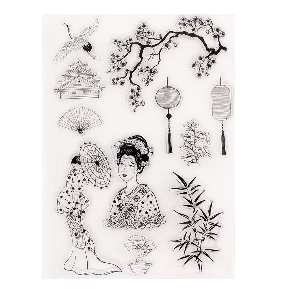 arriettycraft New Year Chinese Japanese Retro Style Women Lantern Crane Tower Bamboo Clear Stamps for Card Making Decoration and DIY Scrapbooking