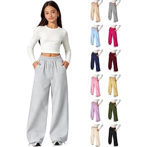 CSVBVSQ Teen Girls Wide Leg Sweatpants Kids Baggy Sweat Pants Straight Elastic Waist Cute Clothes Size 5-16 Years