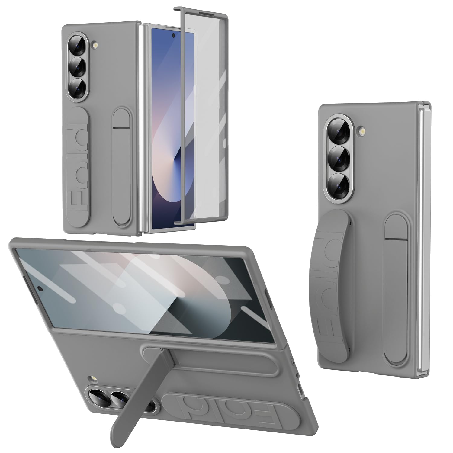 XIMAND for Samsung Galaxy Z Fold 7 Protect Case with Wristband Stand,Bulit-in Screen & Lens Protection Shockproof Full Body Drop Fall Protection.(Grey)