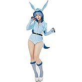 Mobbunny Women Cartoon Anime Style Romper Fuzzy Onesie Pajama Blue Loungewear Fluffy Hooded Homewear Short Jumpsuit