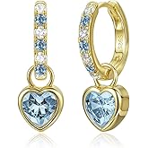 Heart Birthstone Dangle Drop Earrings for Women: 925 Sterling Silver Hypoallergenic Huggie Earrings with Dainty 5A CZ, Trendy Jewelry Valentine Anniversary Birthday Gifts for Her Wife Girlfriend Mom