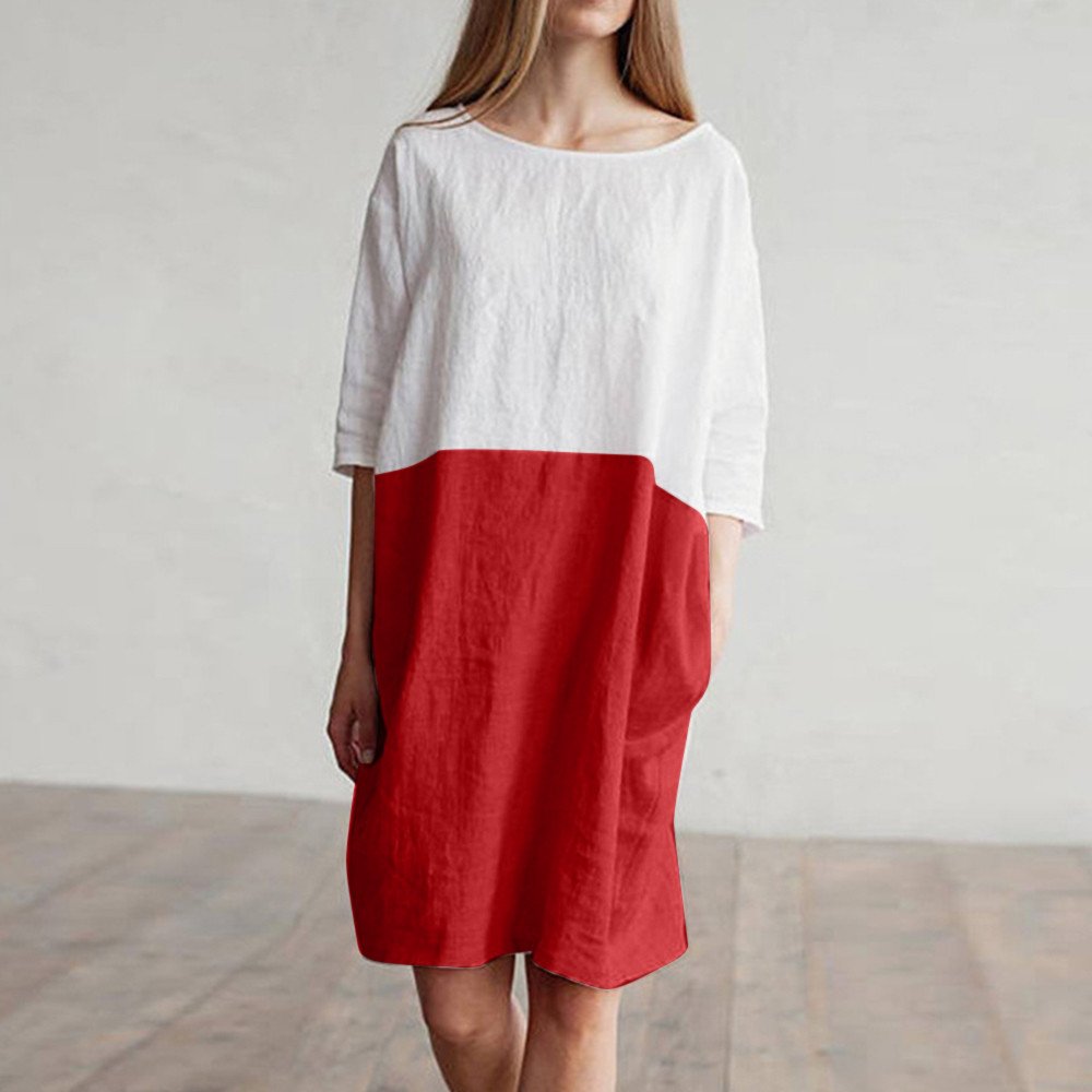 POTO Women Dresses, Loose Color Stitching Casual Dresses with Pockets Cotton Linen Tunic Dress Party Dress Beach Dress