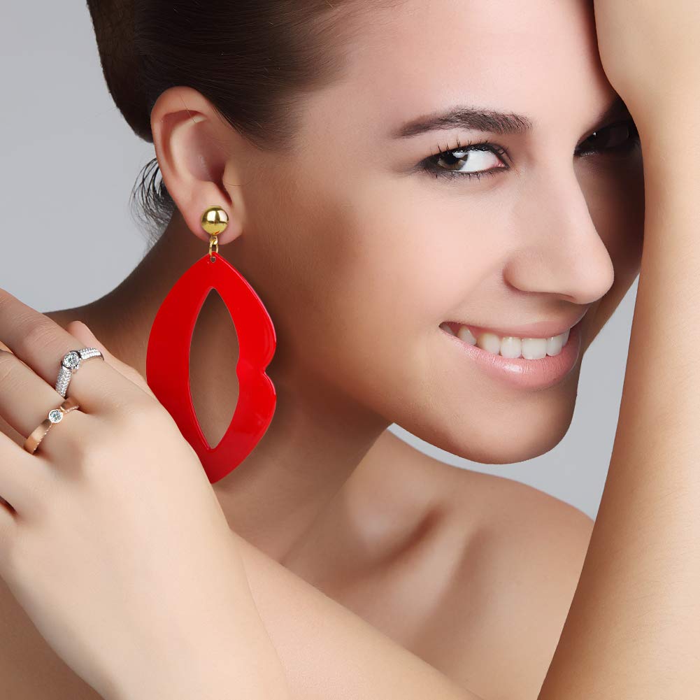 Acrylic Earrings,Acrylic Hoop Earrings for Women Lip Lightweight Resin Textured Drop Dangle Earrings(Red)