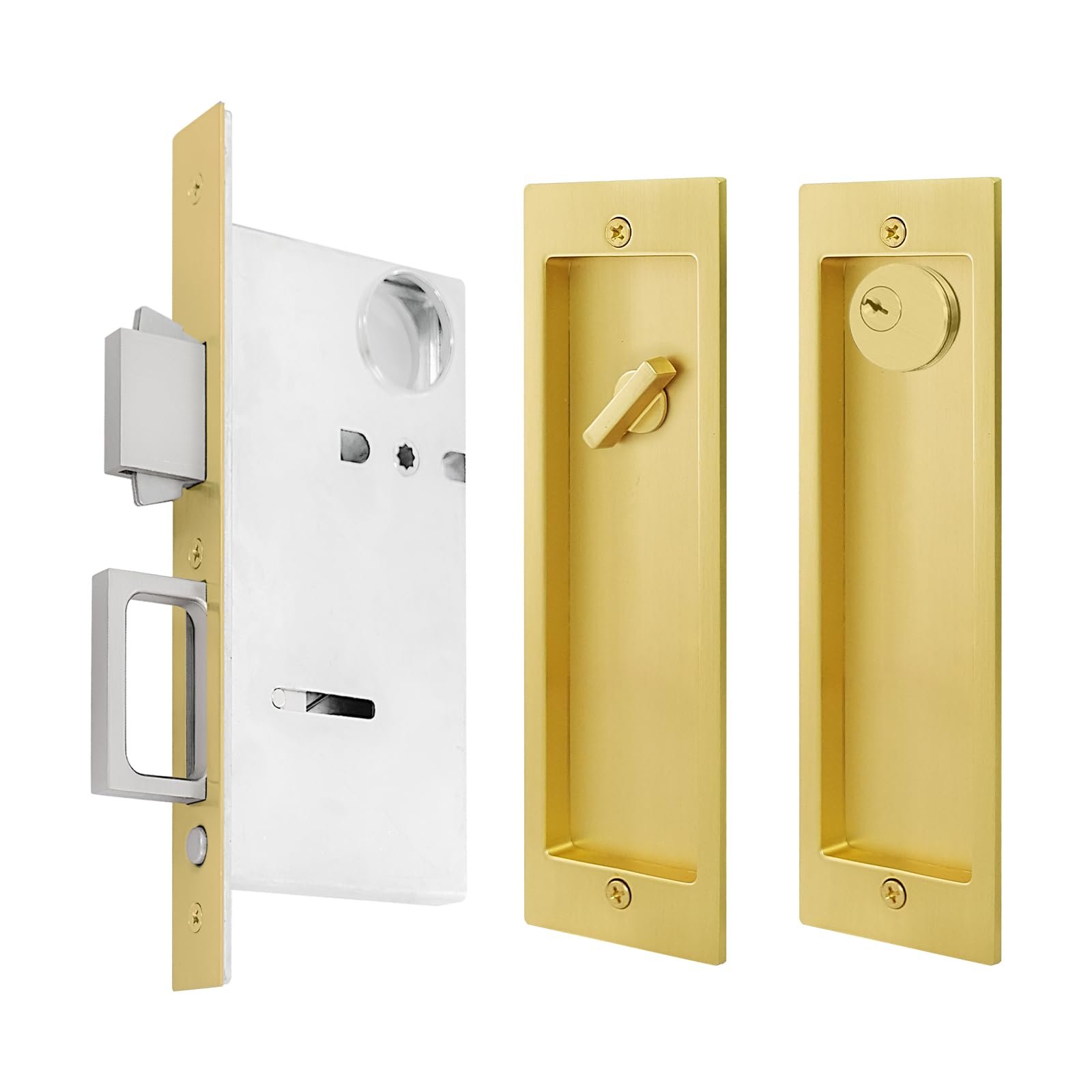 Photo 1 of Pocket Door Privacy Lock with Keys,Modern Rectangular Pocket Door Hardware, Finger Flush Pulls with Edge Pull for Pocket Doors, Sliding Doors,Folding Doors etc (Gold, with Keys)