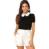 Allegra K Women's Vintage Peter Pan Collar Contrast Puff Short Sleeve Blouse Top