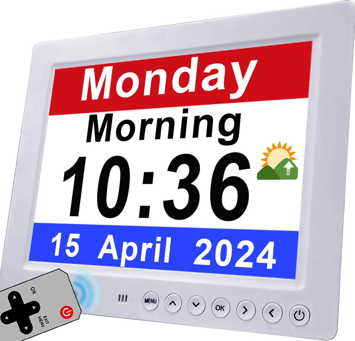 Véfaîî Newest, Dementia Clock with British DST Adjustment, 30 Alarms & Custom Reminders, Sleep Trainer, Calendar Day Clock with Large Display for Memory Loss, Alzheimer's, with Remote Control