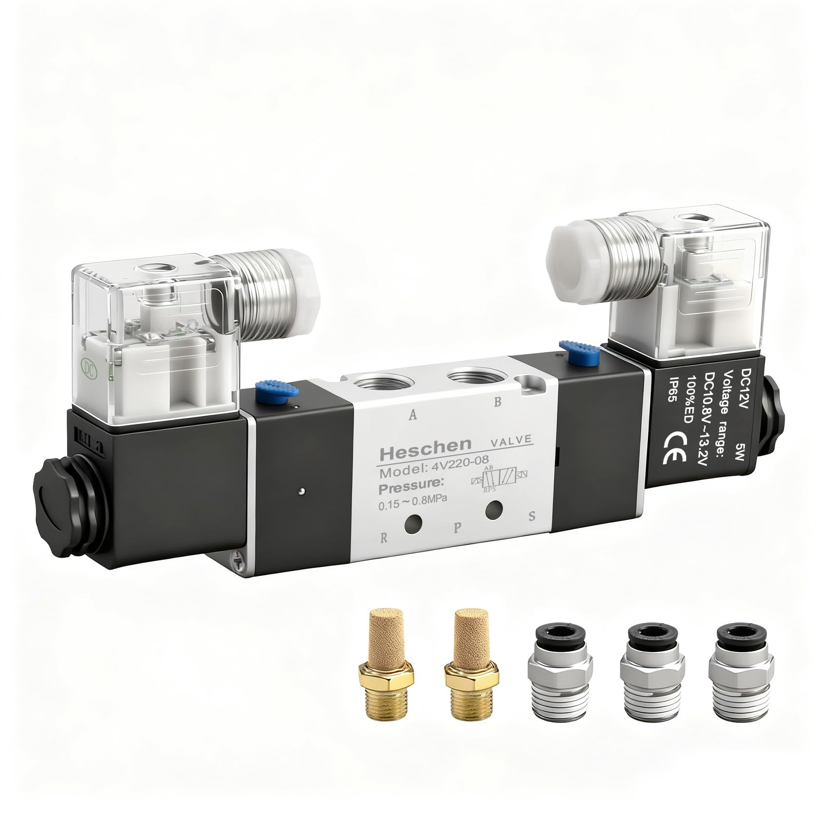 Heschen Electrical Pneumatic Solenoid Valve 4V220-08 PT1/4 5 Way 2 Position Double Coil Pilot-Operated Electric CE with Fittings and Muffler (12VDC)