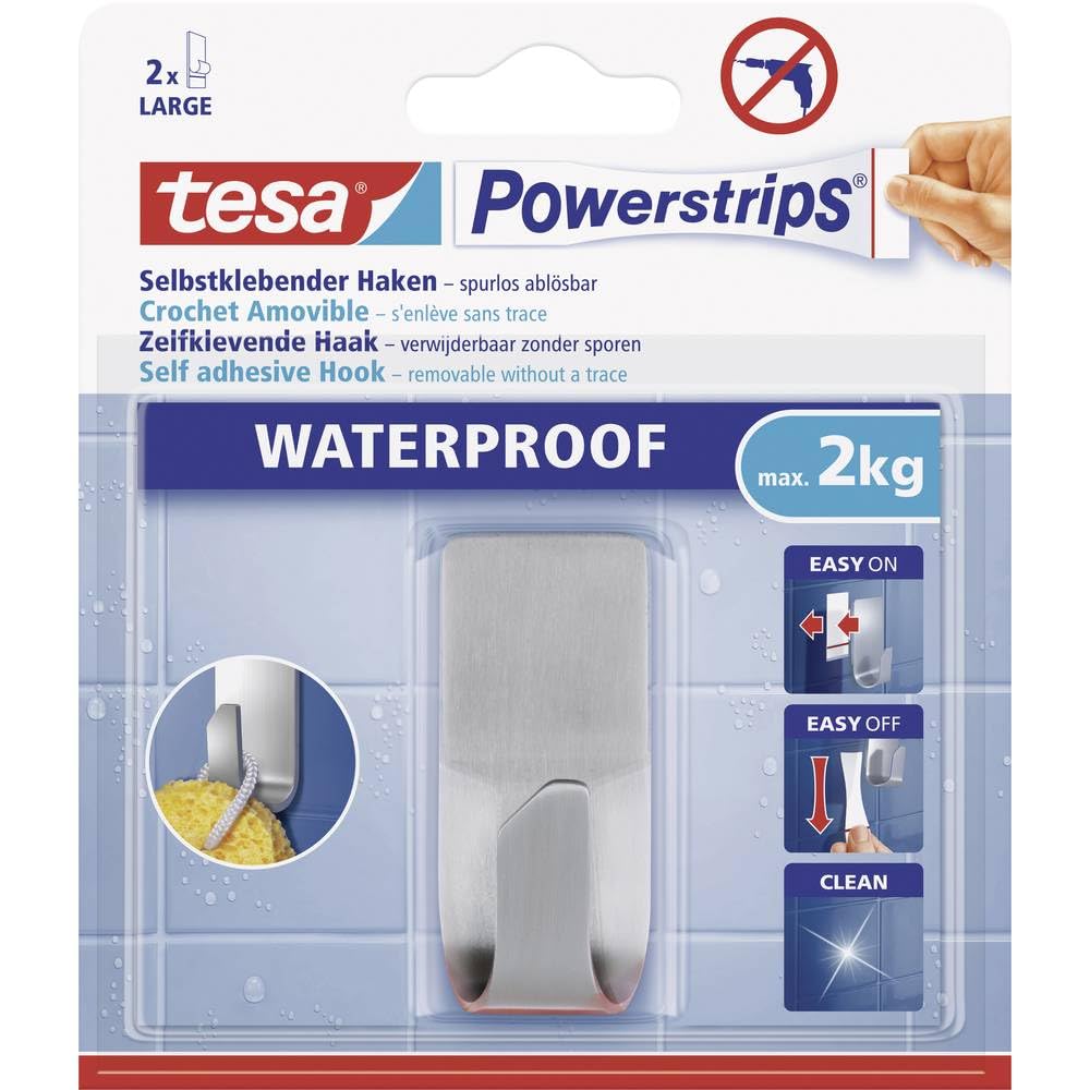 tesa UK Powerstrips Waterproof Hook Metal - Removable Waterproof Stainless Steel Hook for Shower and Bathroom - Strong Hold up to 2 kg