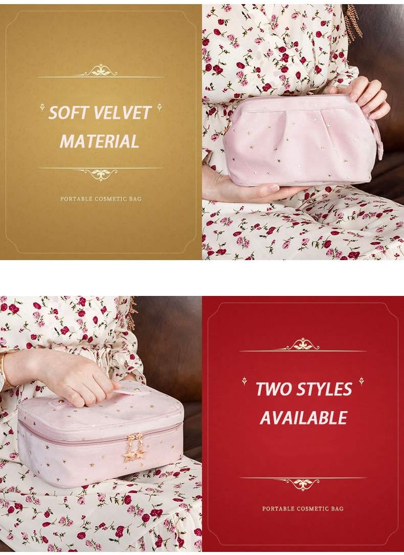 CCjinoo 3Pcs Travel Makeup Bags, Cute Pretty Travel Cosmetic Bag Makeup Organizer with Gold Star Zipper, Makeup Brush Travel Case Toiletry Bag for Women and Girls(Pink)