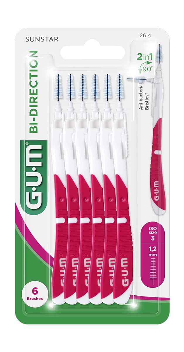 GUM Bi-Direction - 2614: 1,2mm - Pink Interdental Toothbrush - 6 Count - Soft Bristles - Manual - Adult Use