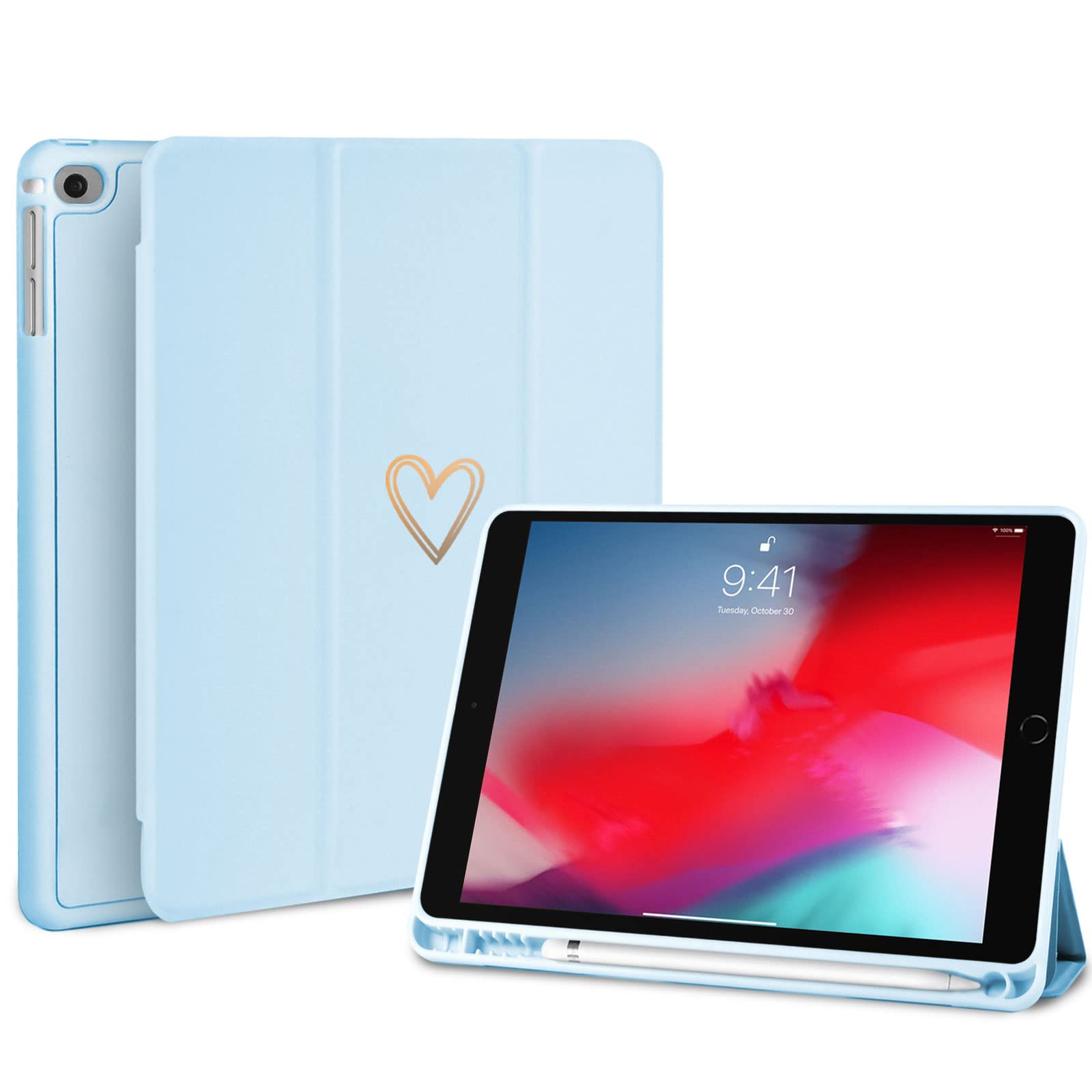 Fycyko Compatible With iPad 9.7 Inch (6th/5th Generation 2018/2017) Case - Pencil Holder & Tip Cover, Women Girls Heart Pattern Protective Cover