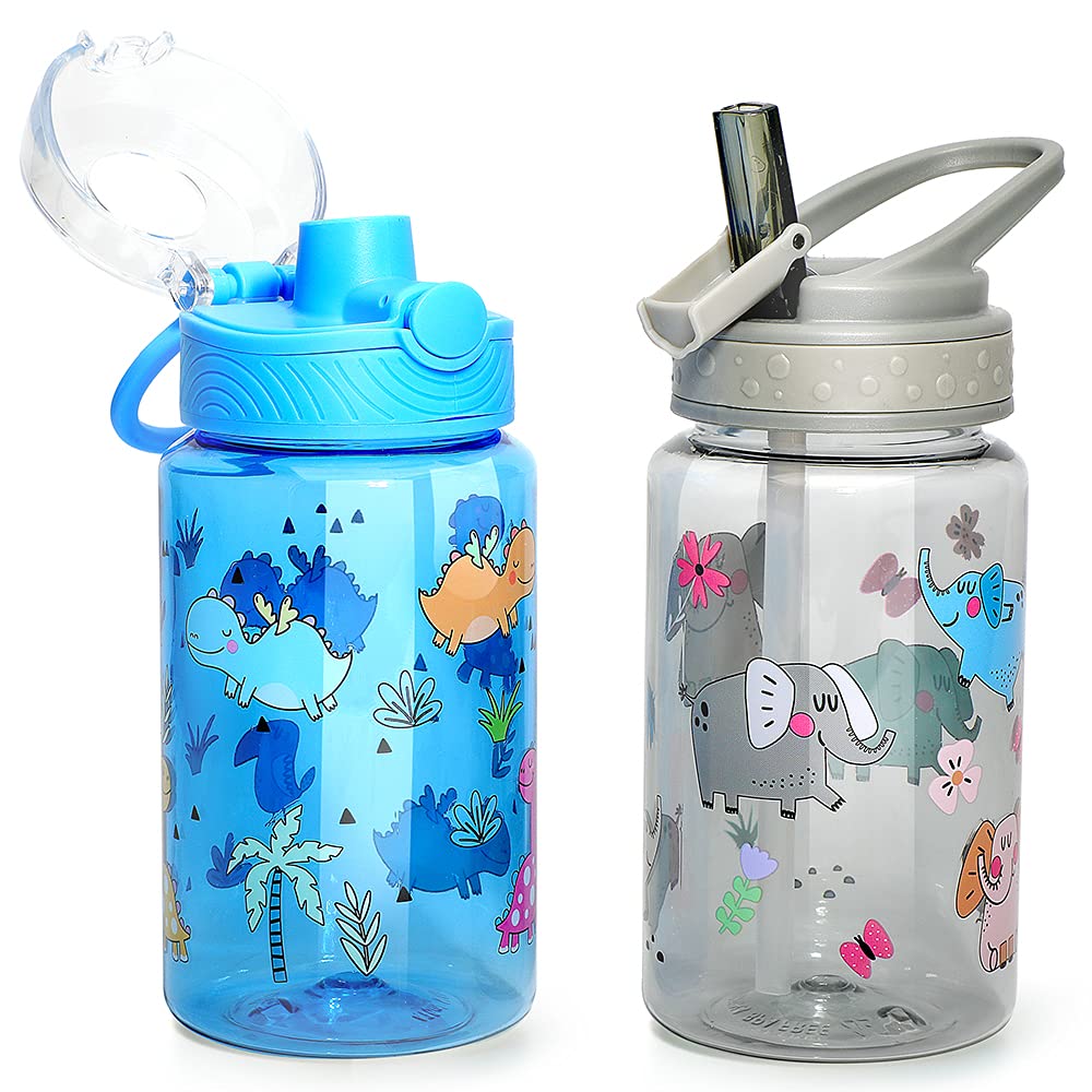 Home Tune Kids Water Drinking Bottle (470ml)- Tritan BPA Free, Auto Flip Chug Lid, Sip Straw Lid, Carry Loop, Lightweight, Leak-Proof Water Bottle Cute Design Girls & Boys - 2 Pack Elephant & Dinosaur — image 1