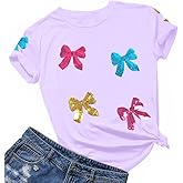 Womens Bow Shirt Coquette Aesthetic Shirts Cute Sequin Graphic Tees Trendy Pink Bow Ribbon Short Sleeve Tee Tops