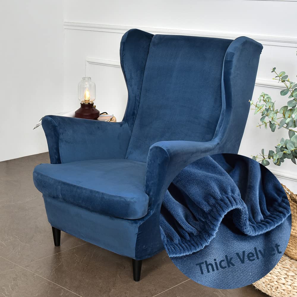 Highdi Wingback Chair Covers 2 Piece Stretch Wing Chair Slipcover, Fashion Solid color Velvet Strandmon Sofa Cover Furniture Protector for Armchair Chairs Living Room Bedroom Hotel (Navy blue)