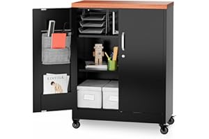 METALTIGER Metal Storage Cabinet with Wheels, 40" H Small Cabinet, Locking Storage Cabinet with Doors for Garage, Office, Home (Black & Woodlike Top)