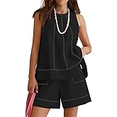 Rapbin Women Two Piece Short Set Drawstring Elastic Waist Pants Round Neck Tank Tops Comfy Sweatsuit Soft Sleepwear